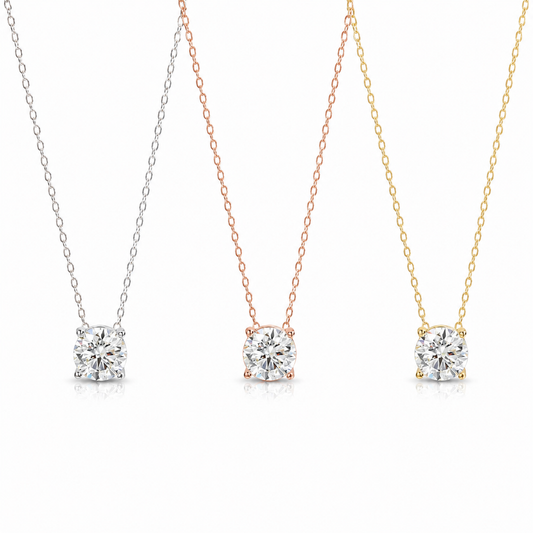 Zethech Round Moissanite Necklace in white rose and yellow gold finishes