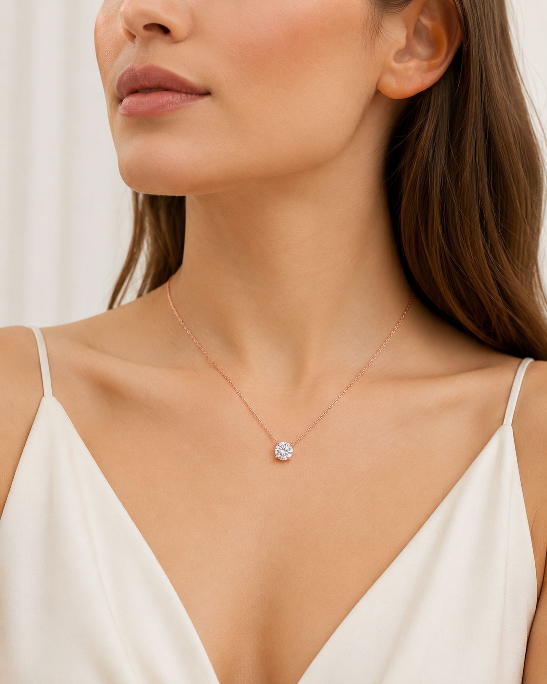 Zethech Rose Moissanite Necklace with round pendant on model