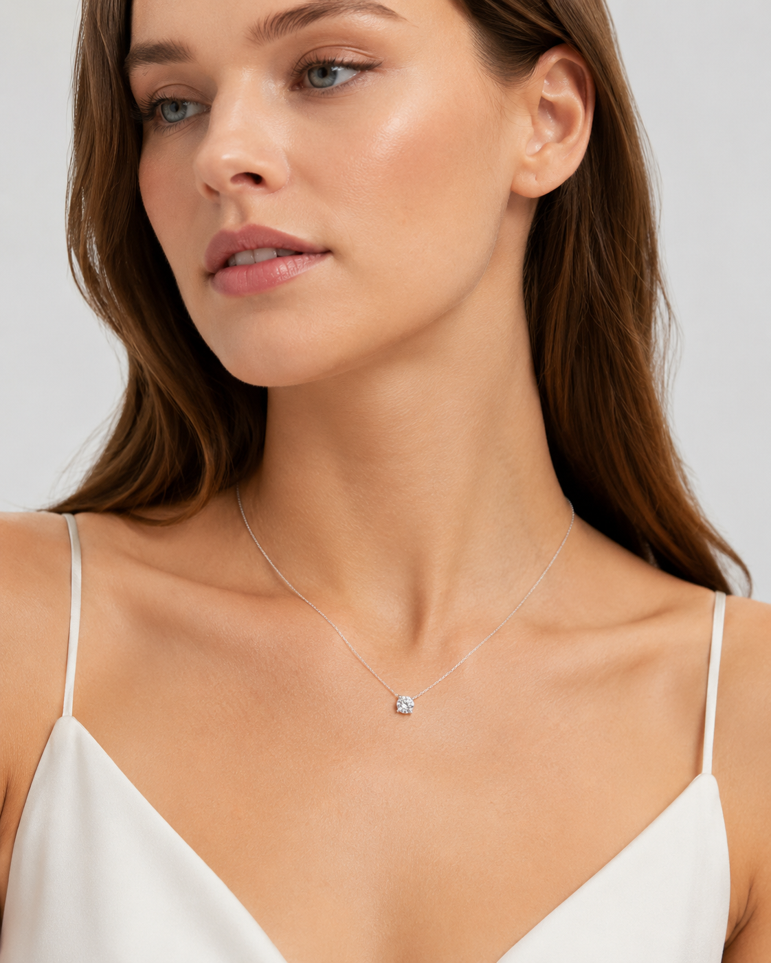 Close-up of Zethech Rose Moissanite Necklace worn on model