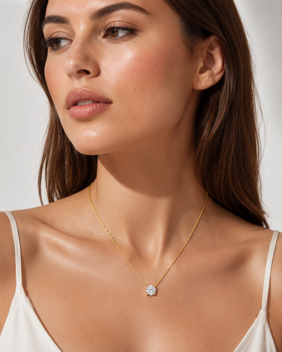Zethech Rose Moissanite Necklace worn on model with round pendant