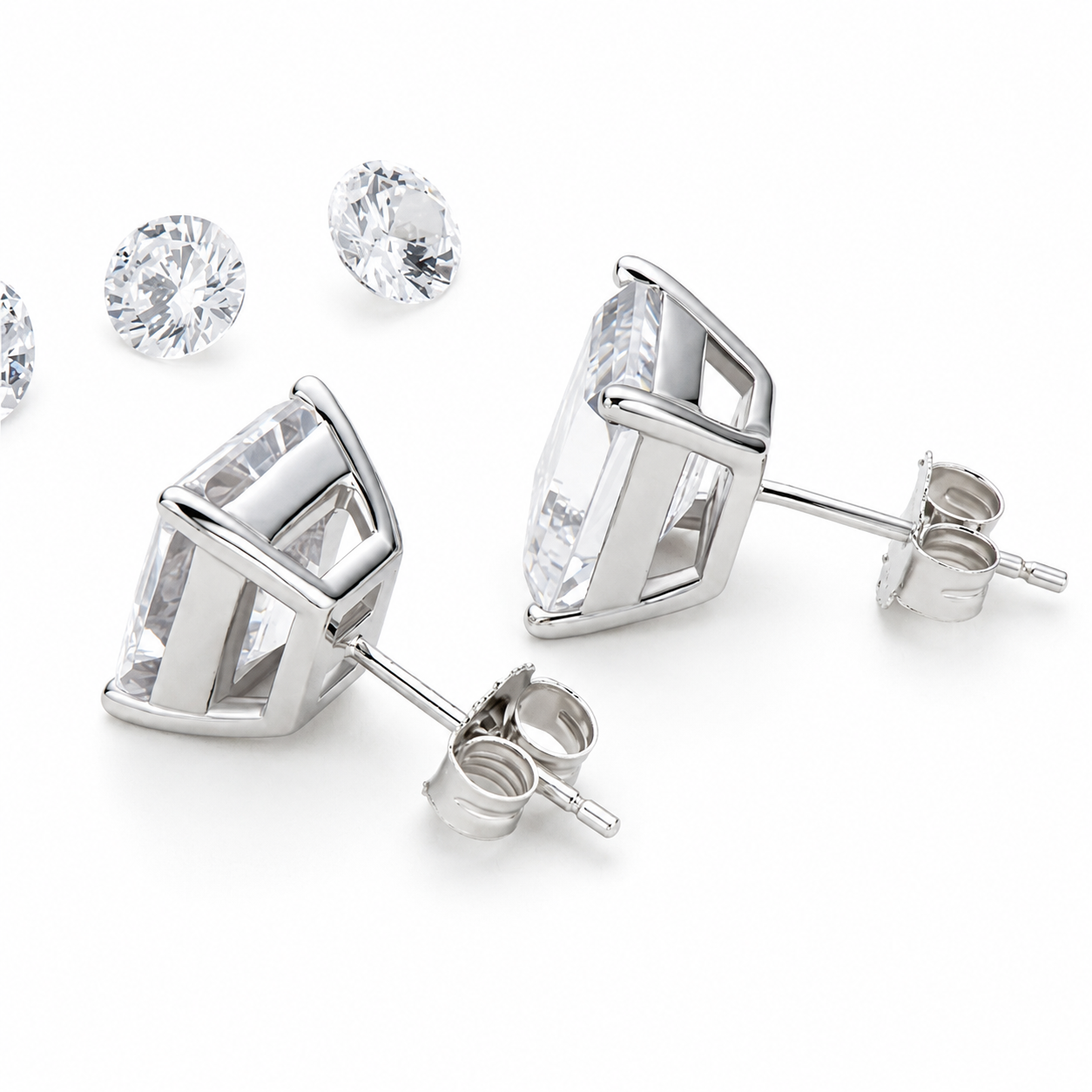 Zethech Luna Stud Earrings in silver tone with clear moissanite