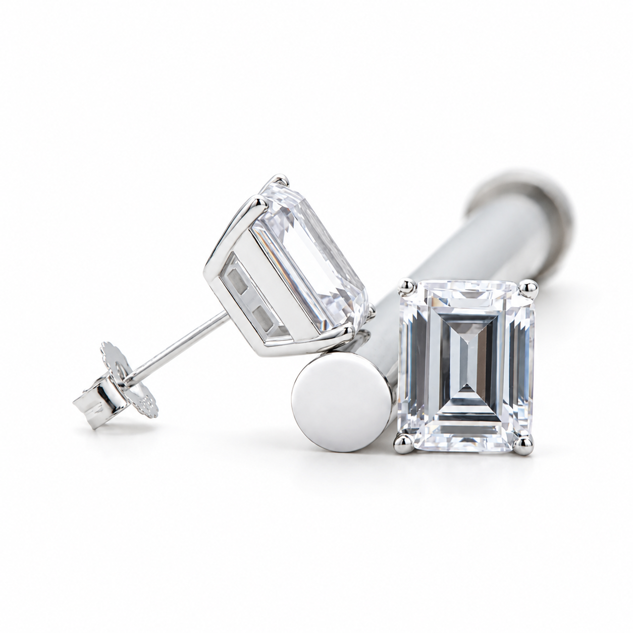 Zethech Luna Moissanite Stud Earrings with emerald-cut stones