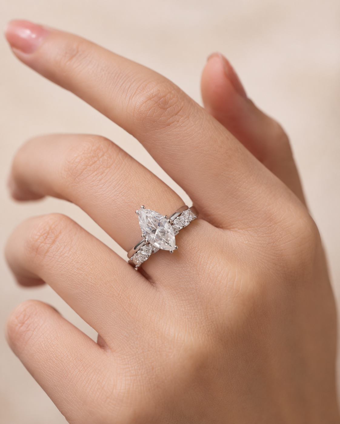 Zethech Imperia Marquise Ring worn on hand with stone detail