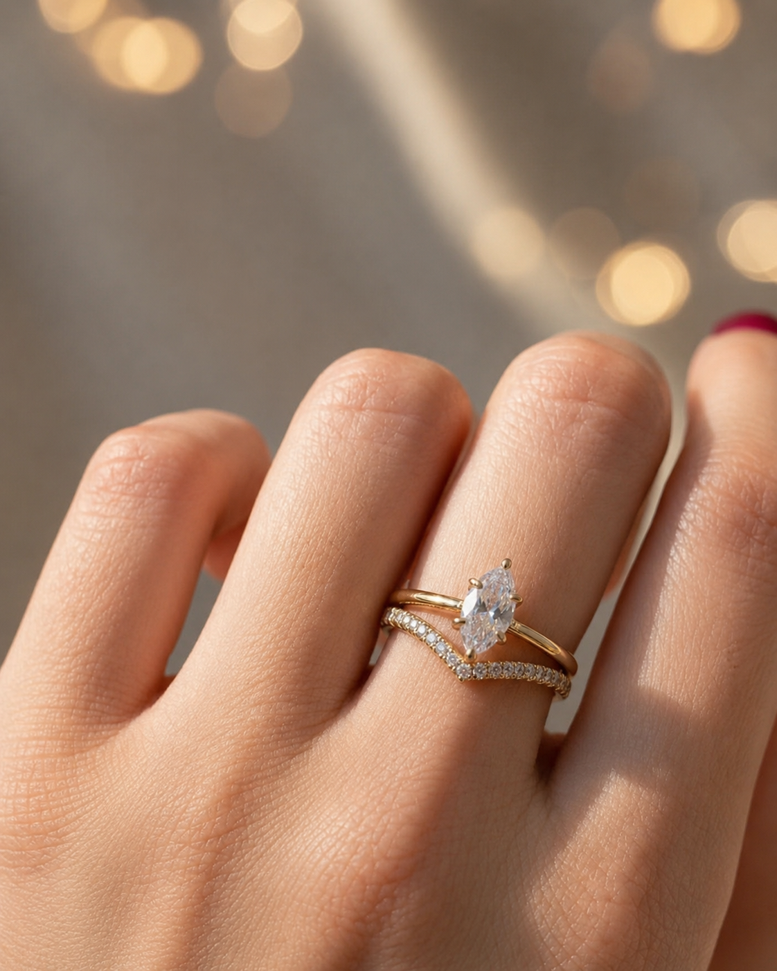 Zethech Velvet Marquise Ring in rose gold worn on hand