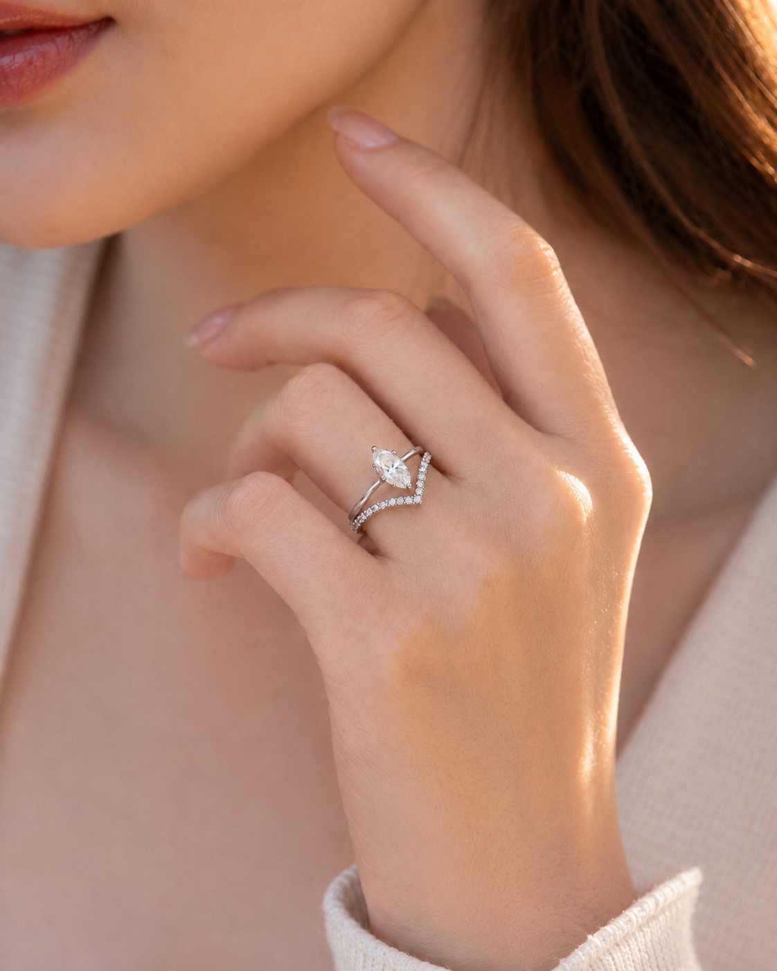 Zethech Velvet Marquise Ring close-up with moissanite detail