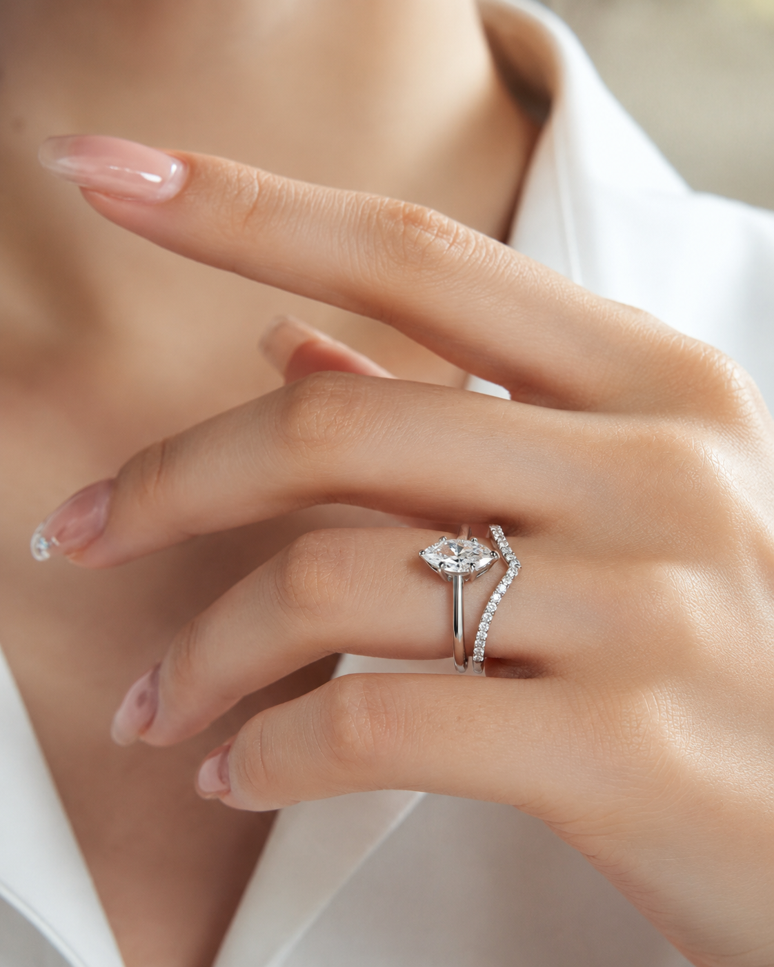 Close-up of Zethech Velvet Marquise Moissanite Ring on hand