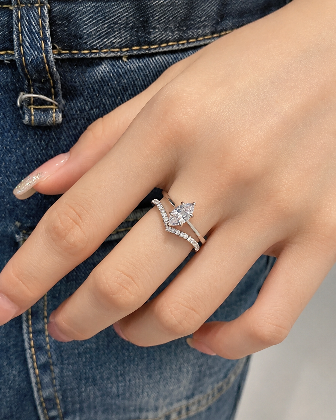 Zethech Velvet Marquise Ring worn on hand with natural detail