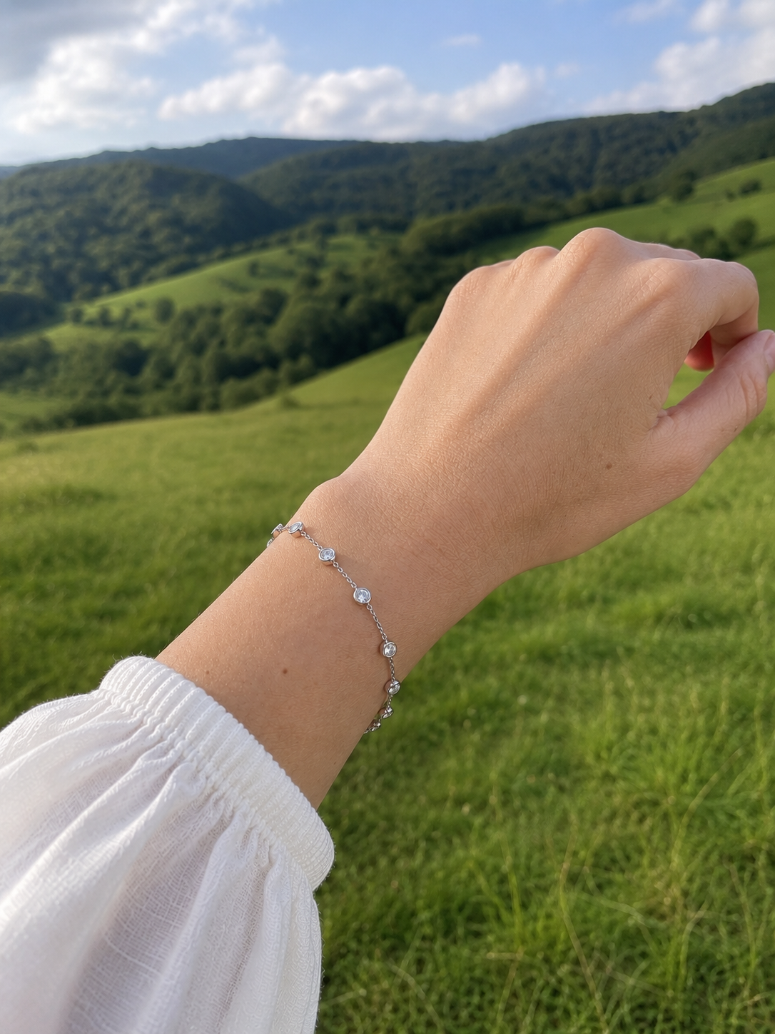 Close-up of Zethech Bubble Tennis Bracelet with round moissanite stones