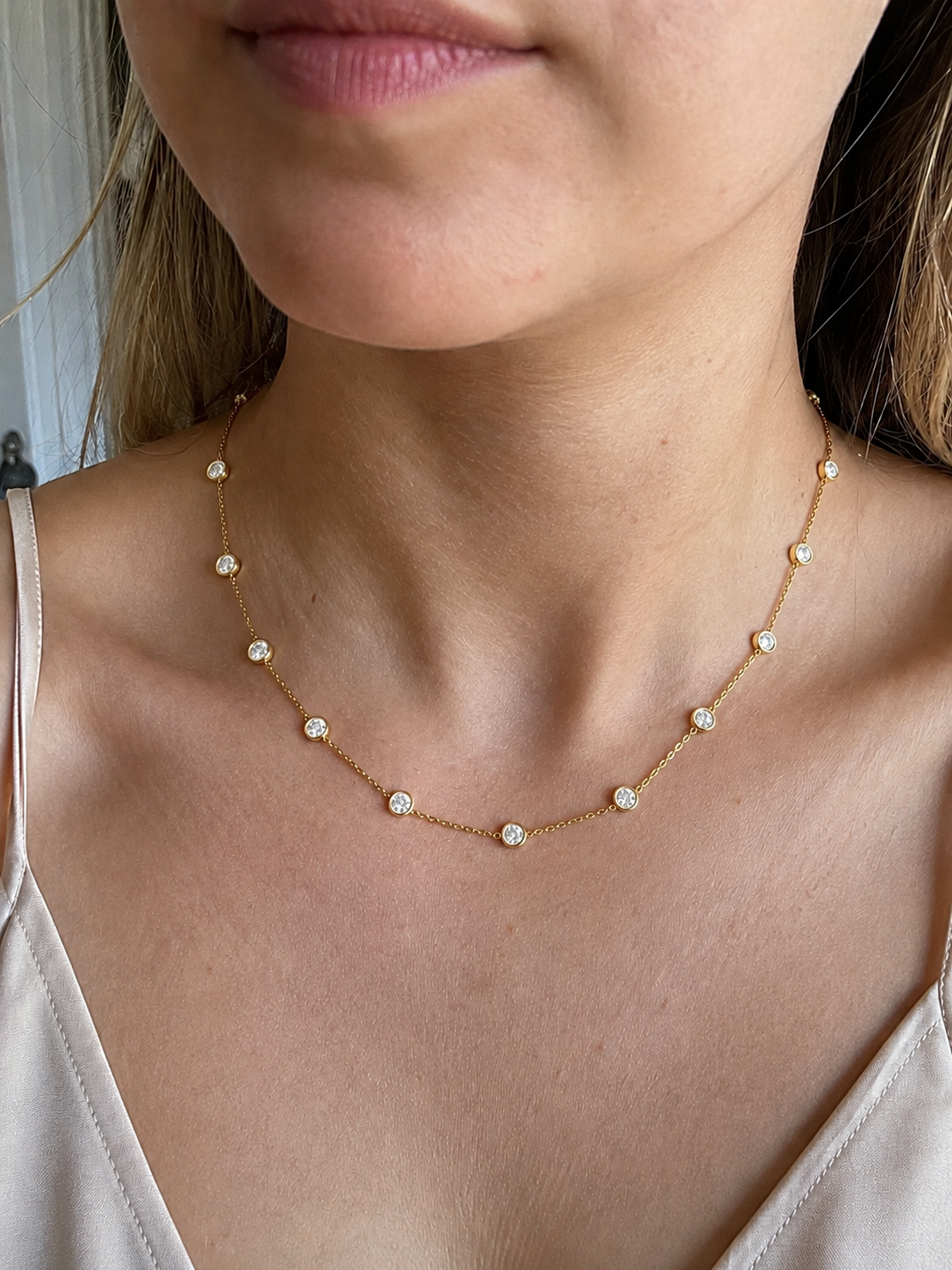 Close-up of Zethech Classic Tennis Necklace with moissanite stones