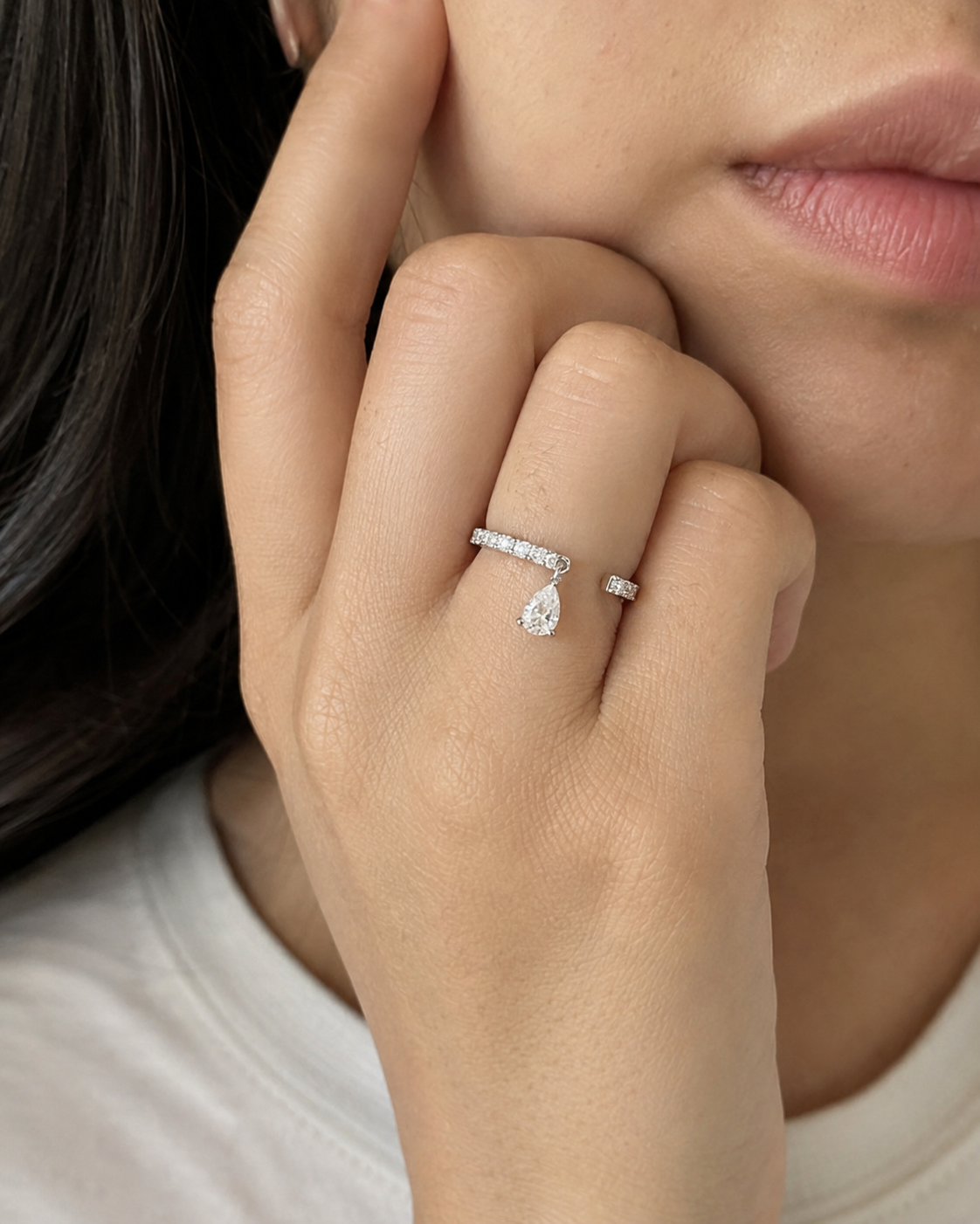 Zethech Pear Solitaire Ring shown from refined product angle