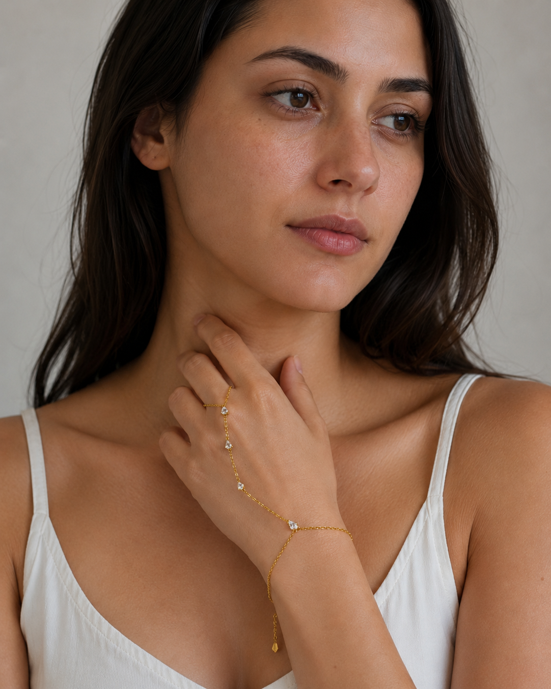 Zethech Pear Hand Chain Bracelet shown from refined angle