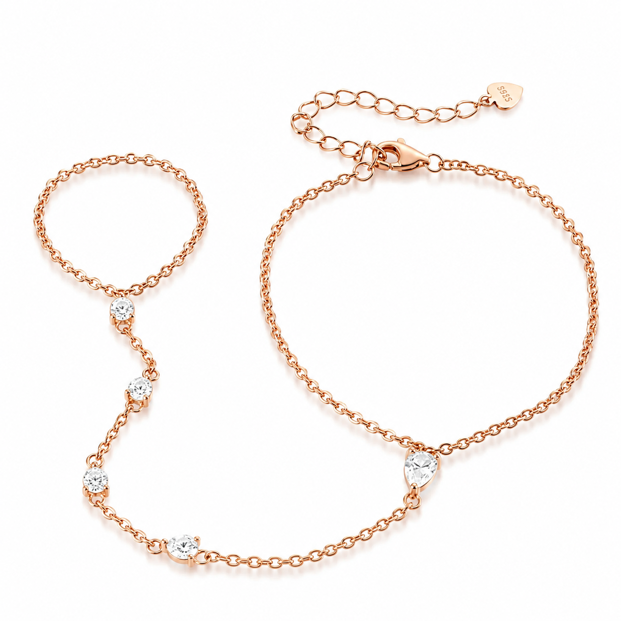 Close-up of Zethech Pear Hand Chain Bracelet with polished chain