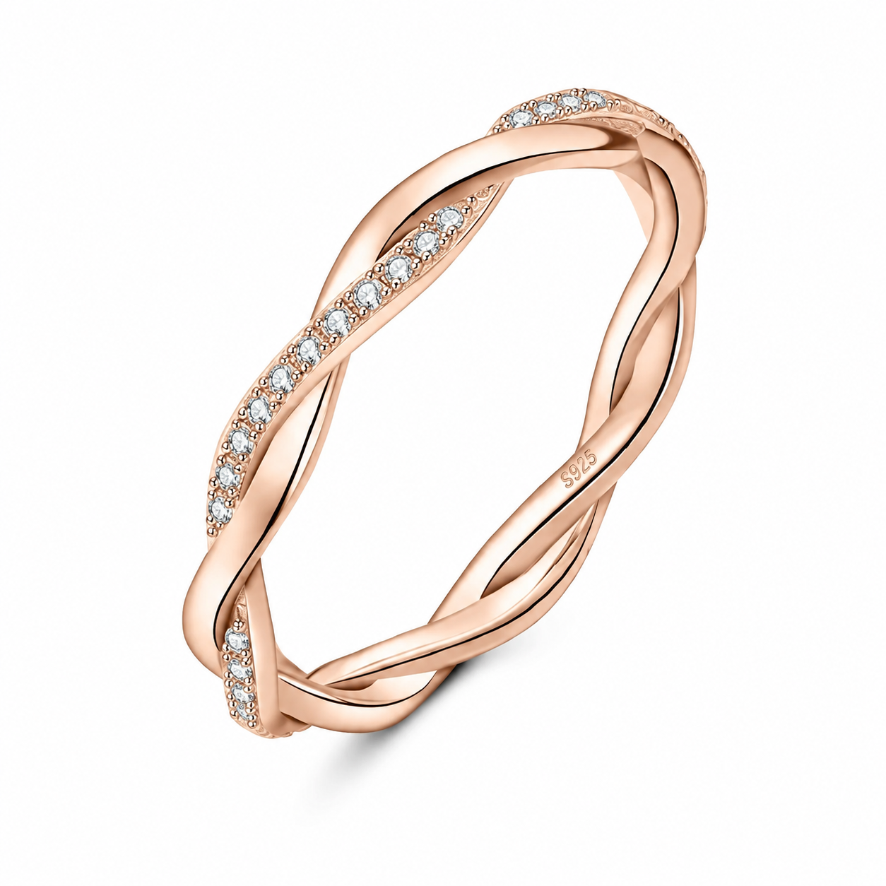 Close-up of Zethech Twisted Eternity Ring with moissanite stones