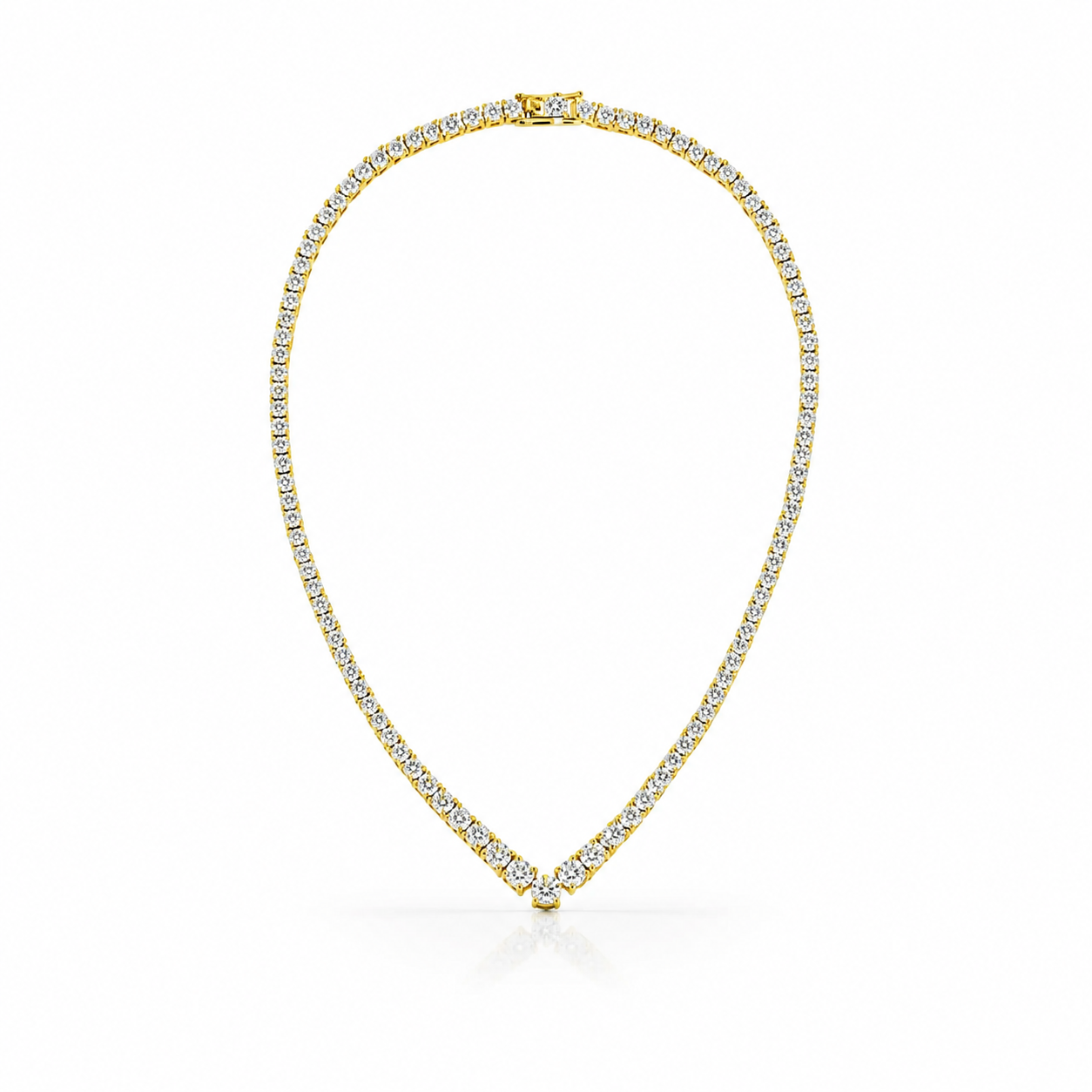 Zethech V-Shape Moissanite Tennis Necklace, close-up of polished V-shaped setting