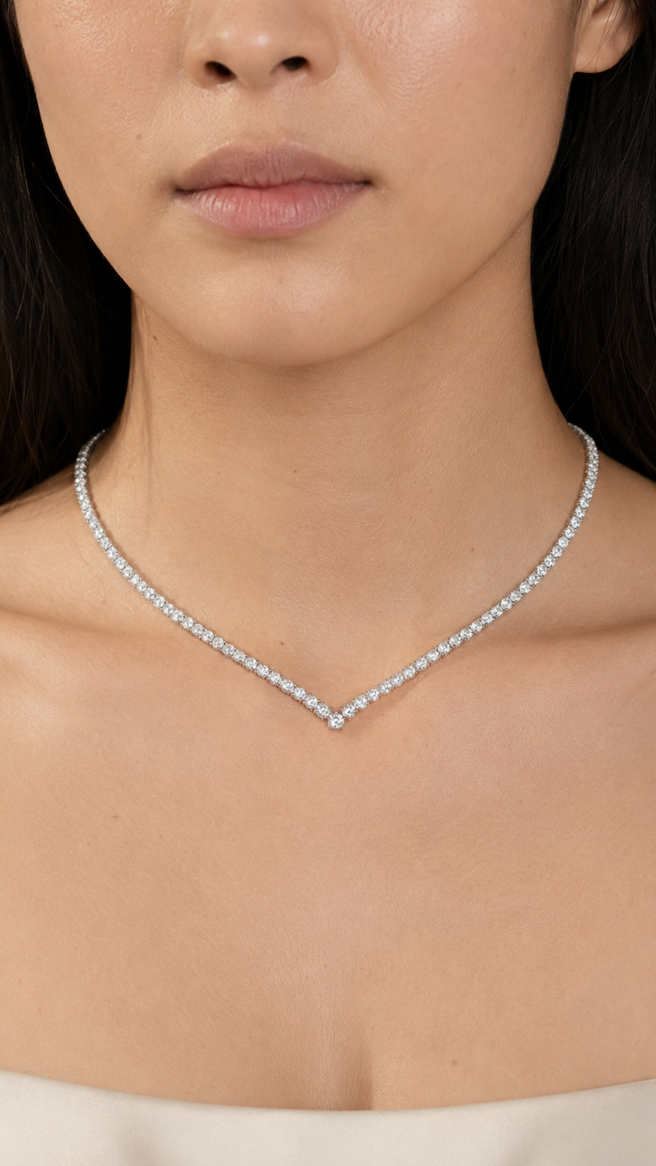 Zethech V-Shape Moissanite Tennis Necklace, close-up of round stone setting