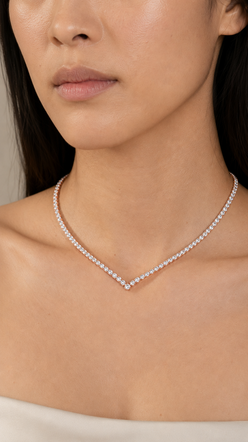 Zethech V-Shape Moissanite Tennis Necklace, close-up of V-shaped setting