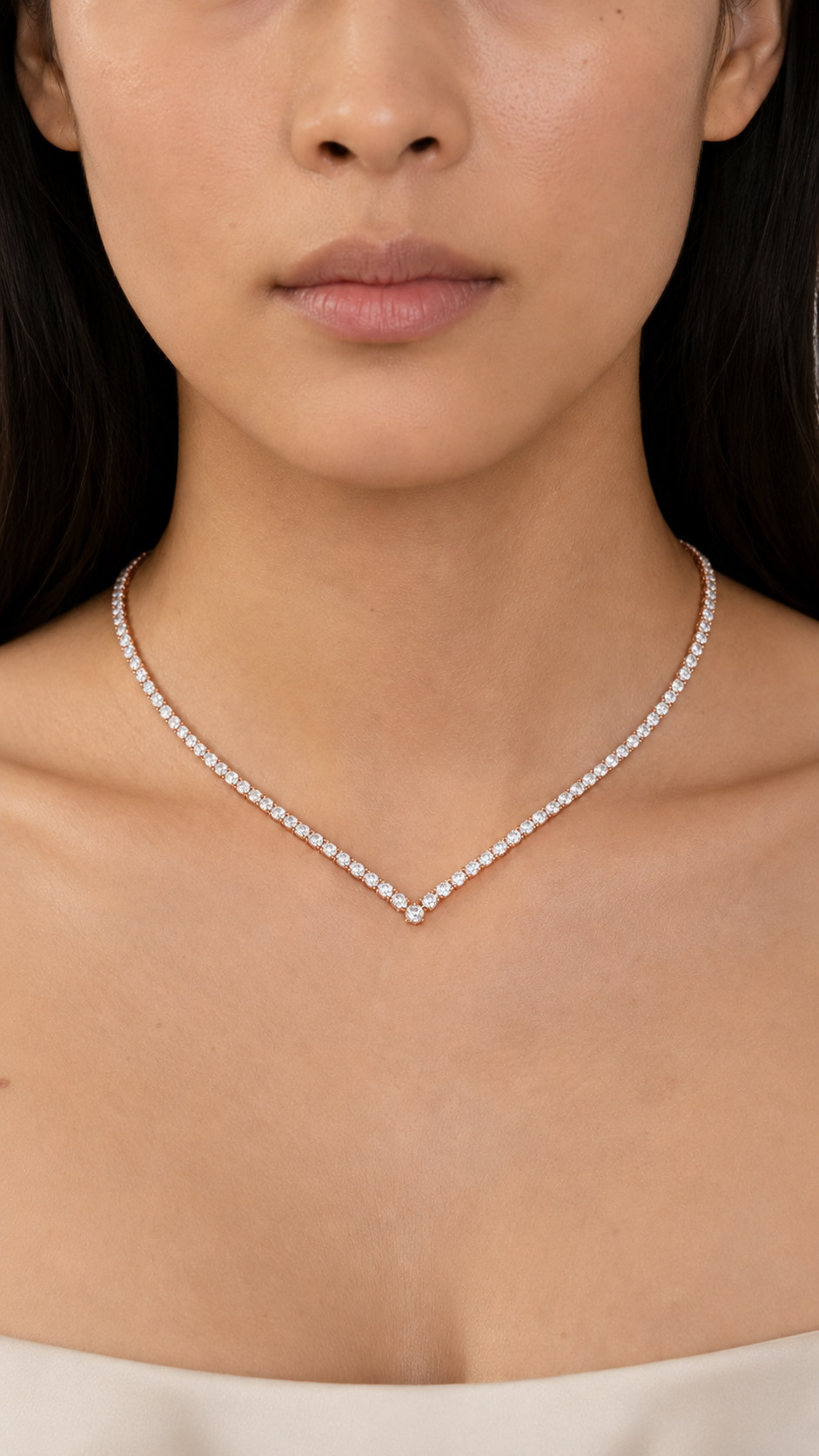 Zethech V-Shape Moissanite Tennis Necklace, angled product view