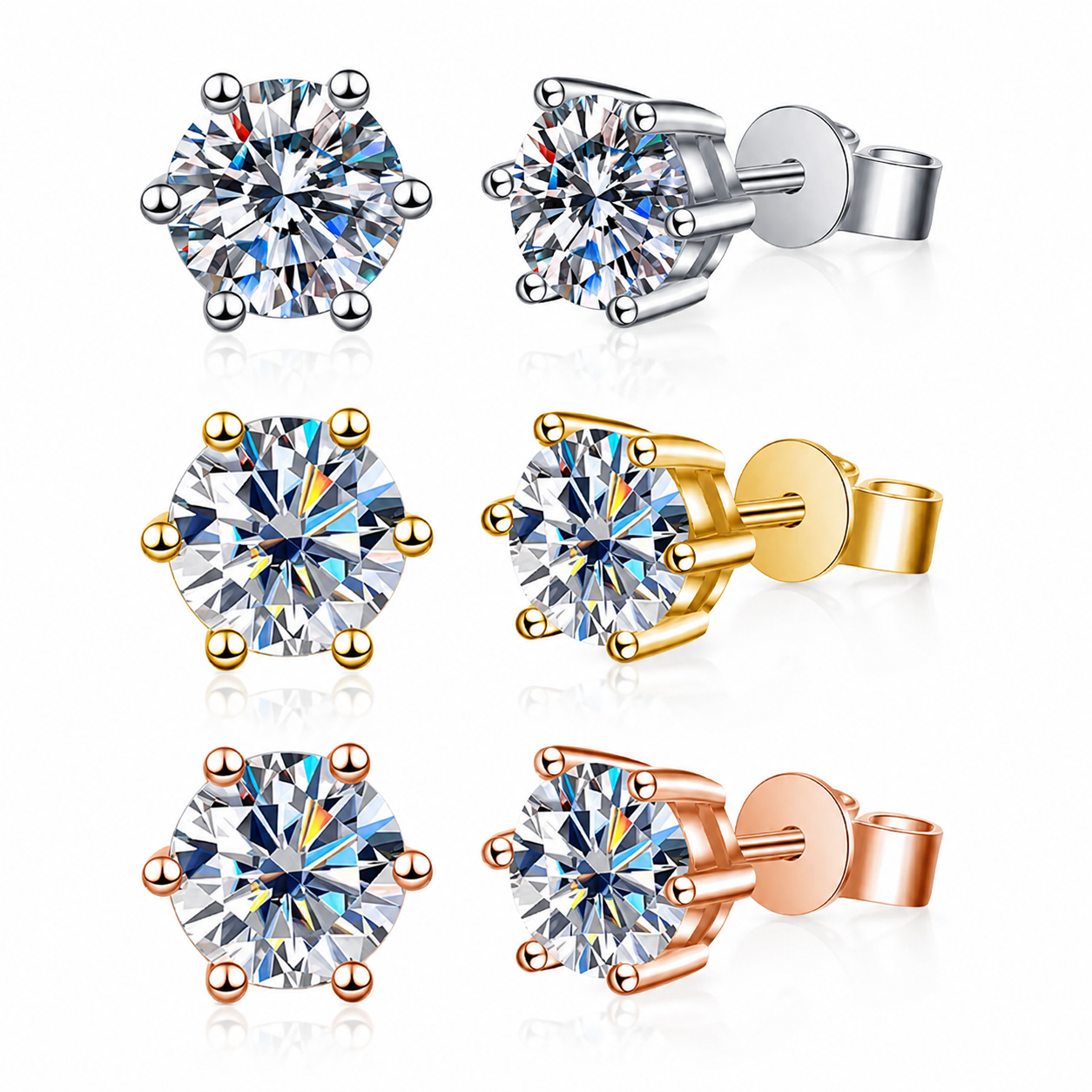 Zethech Round-Cut Crown-Set Moissanite Stud Earrings