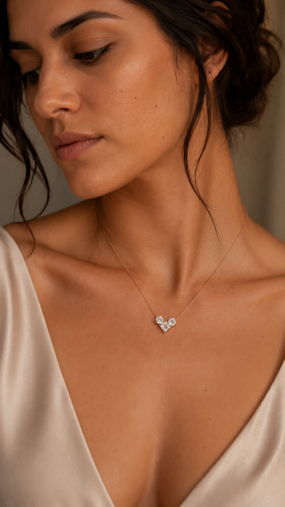 Close-up of Zethech Solitaire Necklace with round moissanite stone
