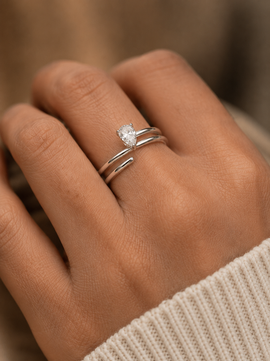 Zethech Pear Moissanite Ring shown from refined product angle