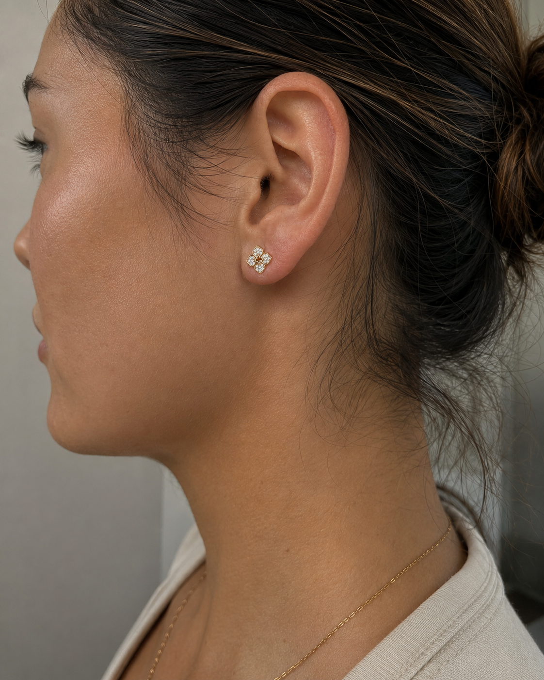 Zethech Flower Moissanite Studs shown from refined product angle