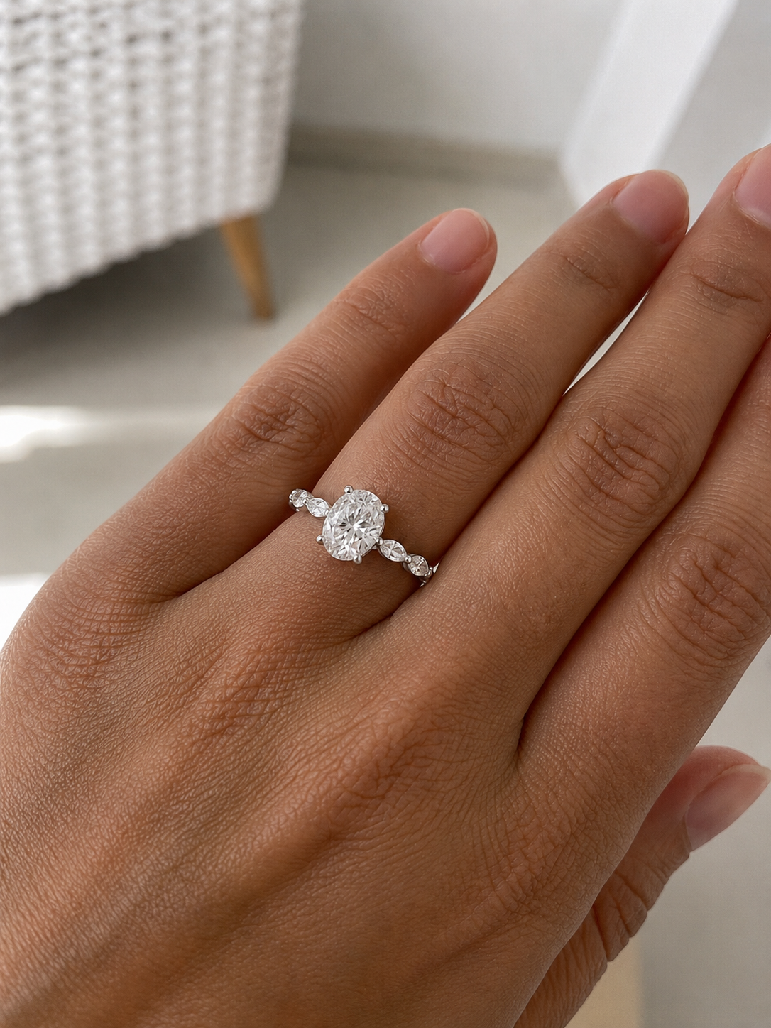 Close-up of Zethech Oval Moissanite Ring with sparkling oval moissanite