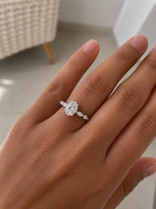 Zethech Oval Moissanite Ring worn on hand with oval center stone