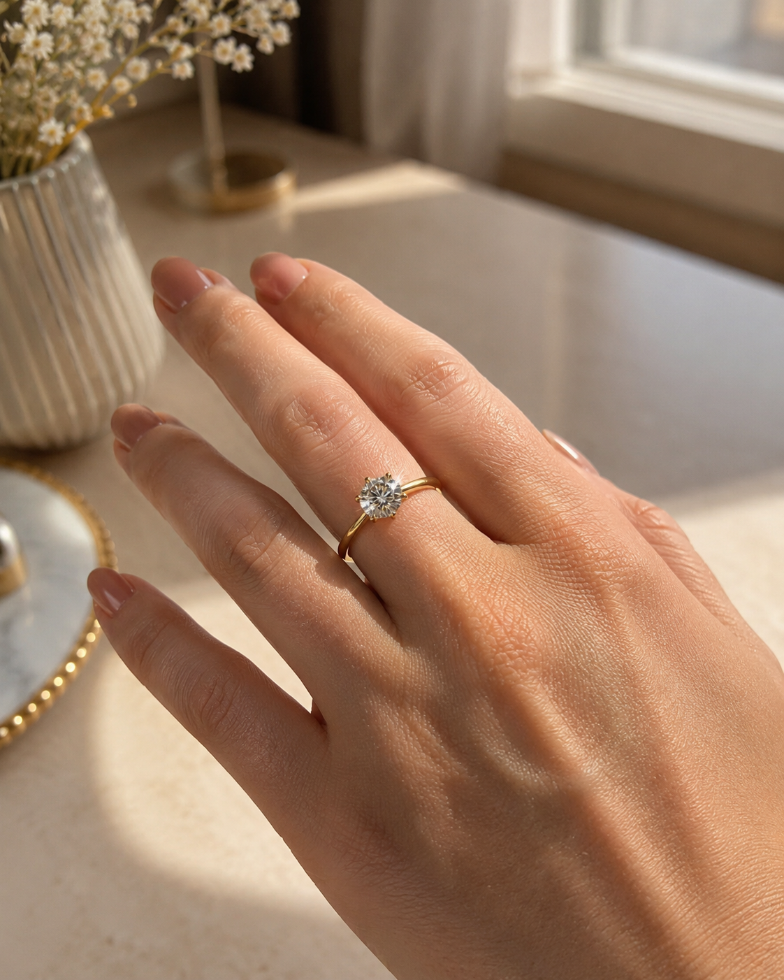 Close-up of Zethech Round Moissanite Ring with sparkling center stone