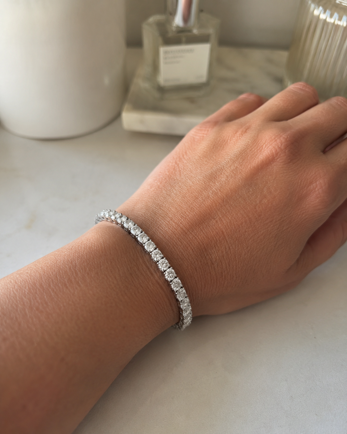 Close-up of Zethech Round Moissanite Tennis Bracelet with continuous stones