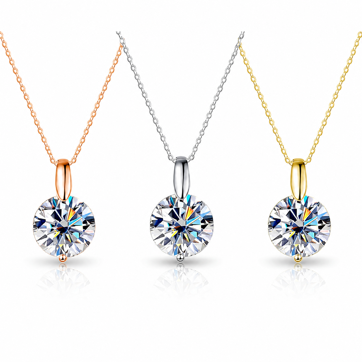 Zethech Halo Solitaire Moissanite Necklace with round halo pendant in three gold finishes