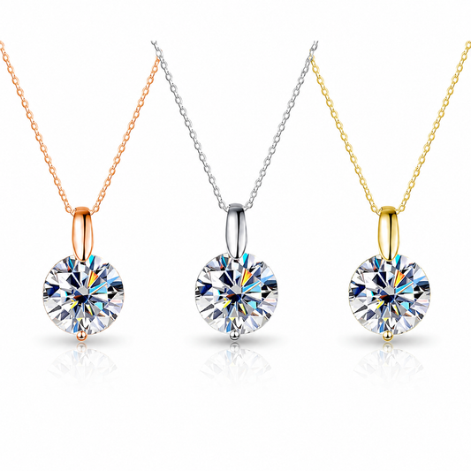 Zethech Halo Solitaire Moissanite Necklace with round halo pendant in three gold finishes
