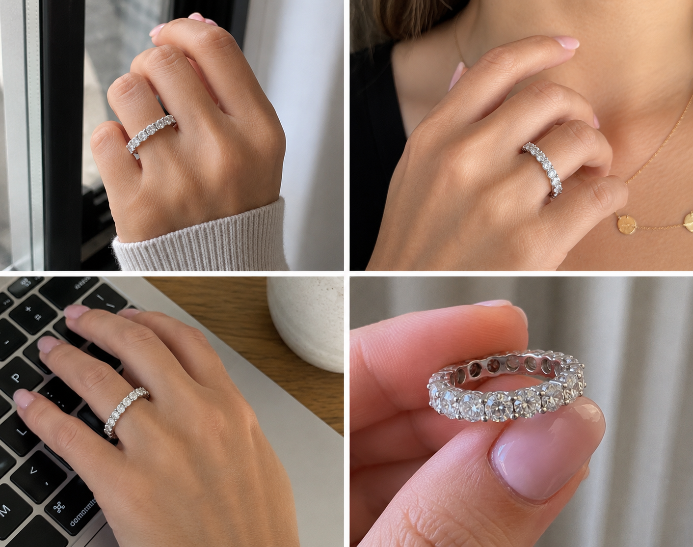 Zethech Full Eternity Band close-up with full-circle moissanite sparkle and silver finish