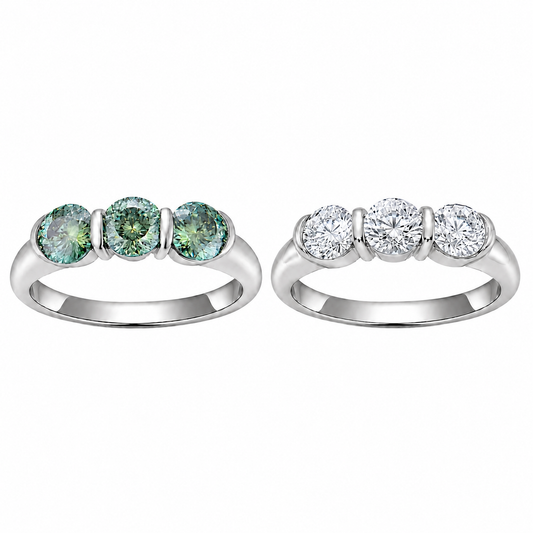 Zethech Halo Round Moissanite Ring with three-stone design on white background
