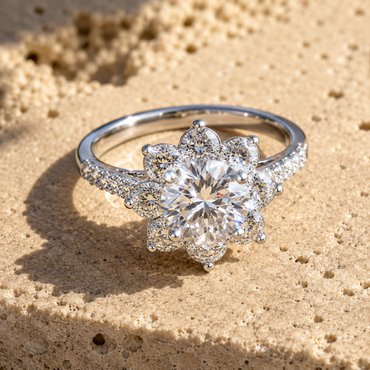 Round-Cut Moissanite Halo Ring with round center stone and floral halo