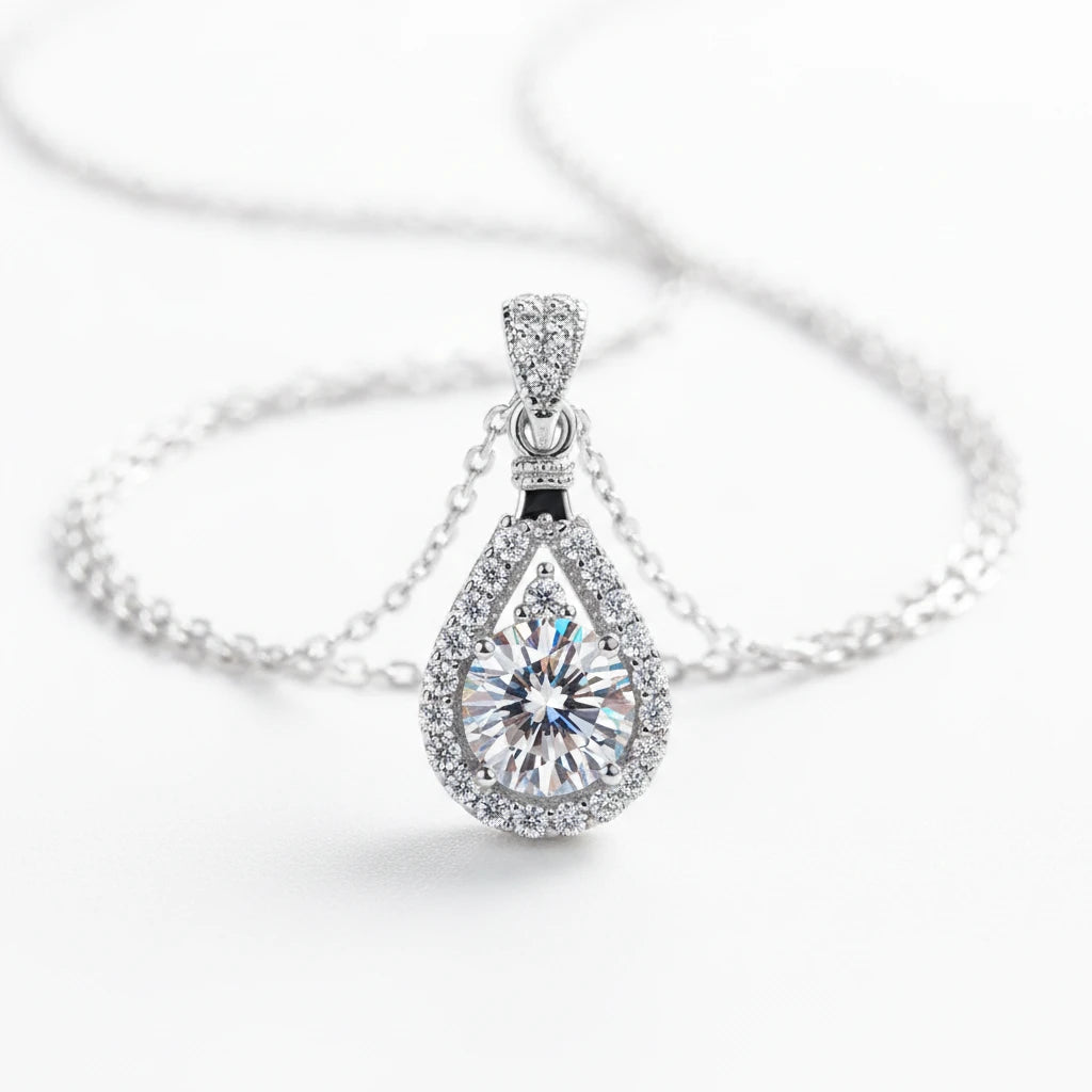 Zethech Eclipse Drop Necklace with clear teardrop moissanite pendant