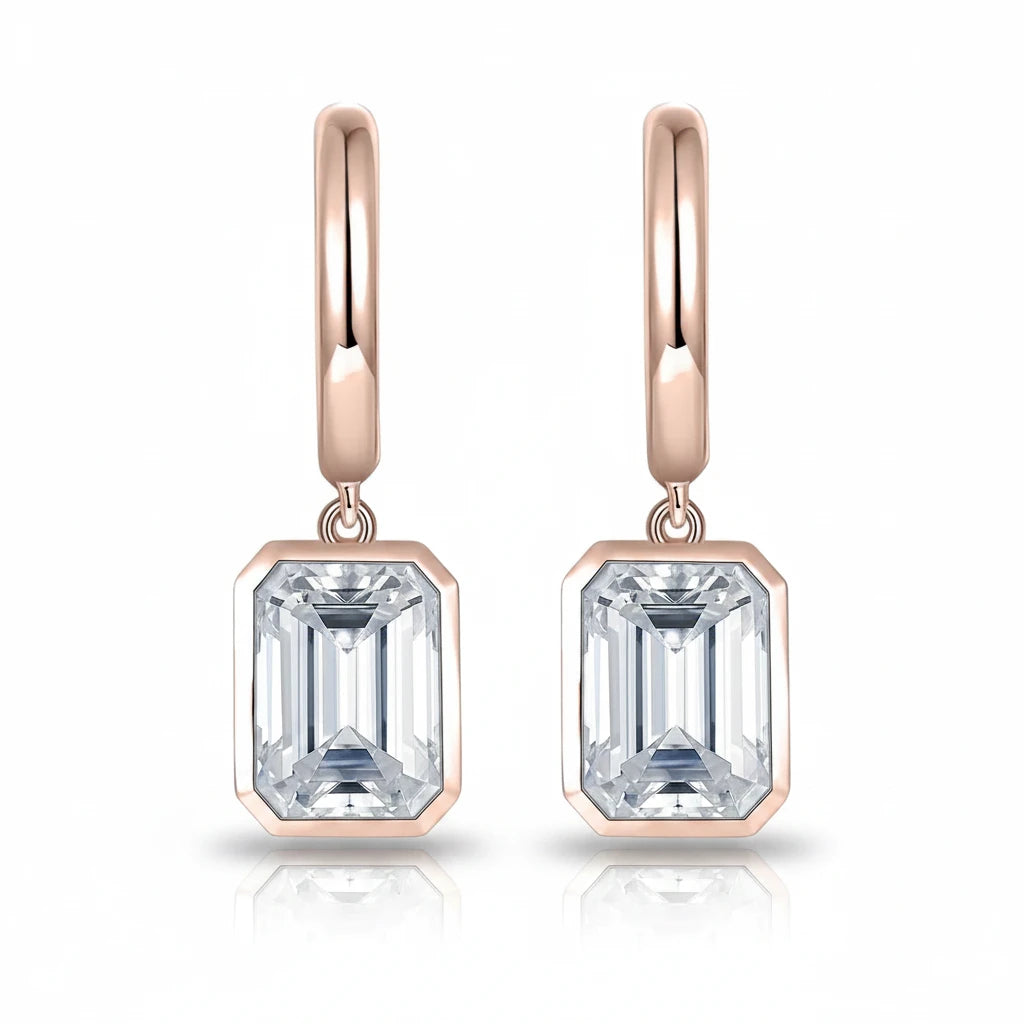 Zethech Emerald Cut Drop Earrings in rose gold finish