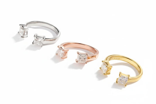 Elegant princess cut moissanite ring by Zethech, featuring a sparkling central gemstone and a sleek band design.