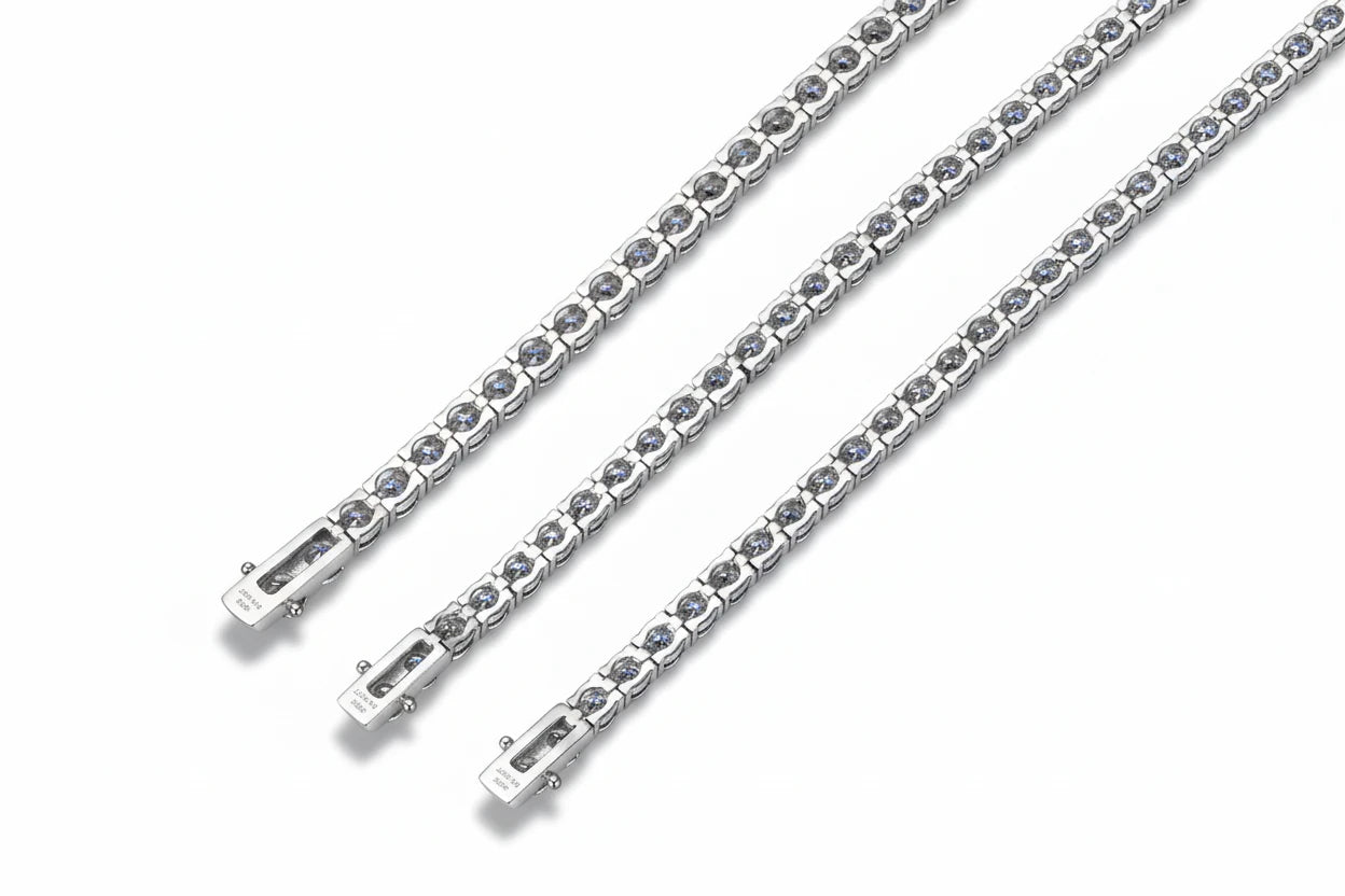 Close-up of a sparkling Moissanite Tennis Bracelet showcasing rows of brilliant stones on a delicate silver chain.