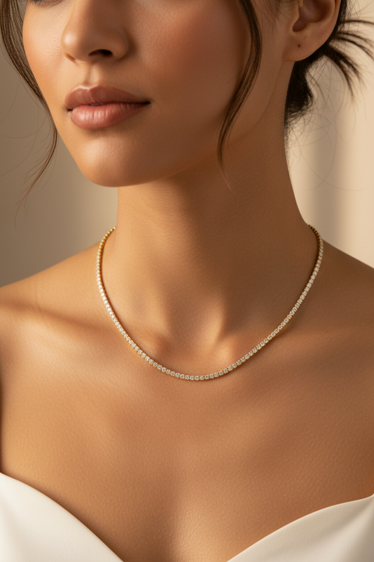 Moissanite tennis necklace by Zethech featuring sparkling gemstone-studded chain on a delicate jewelry display.