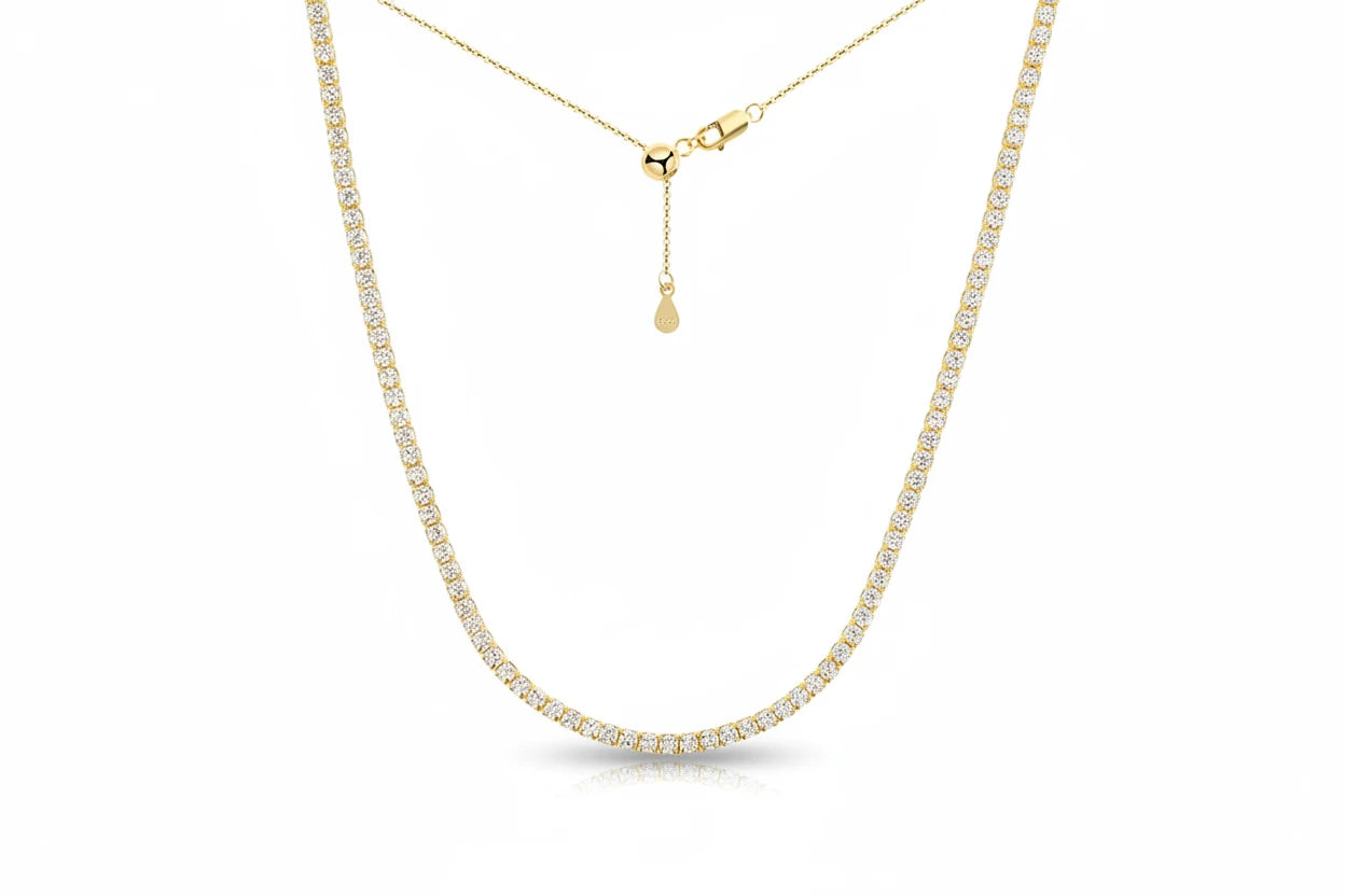 Moissanite tennis necklace by Zethech featuring sparkling gemstone chain and elegant design, close-up view of the jewelry.
