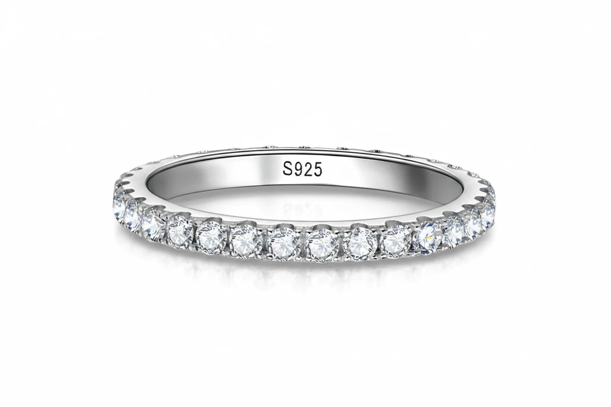 Close-up of Zethech Moissanite Eternity Band stone setting