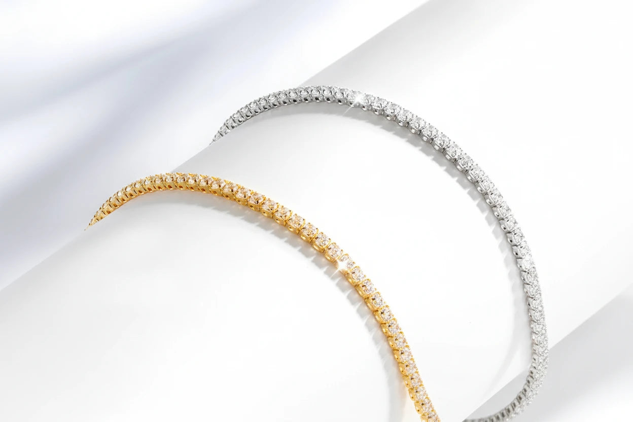 Sparkling Moissanite tennis necklace by Zethech with round-cut gemstones on a delicate chain.