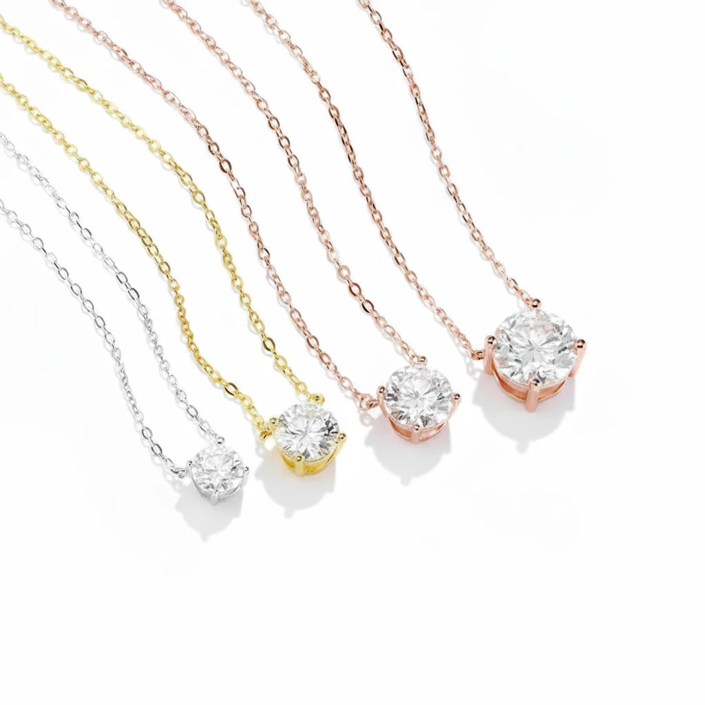 Zethech Round Moissanite Necklace set in three gold finishes