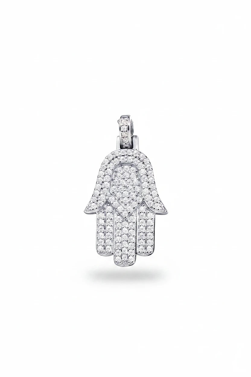Zethech Moissanite Hamsa pendant with measurement details on a white background