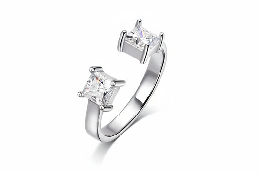 Princess Moissanite ring by Zethech featuring a sparkling square-cut gemstone in a sleek silver band.