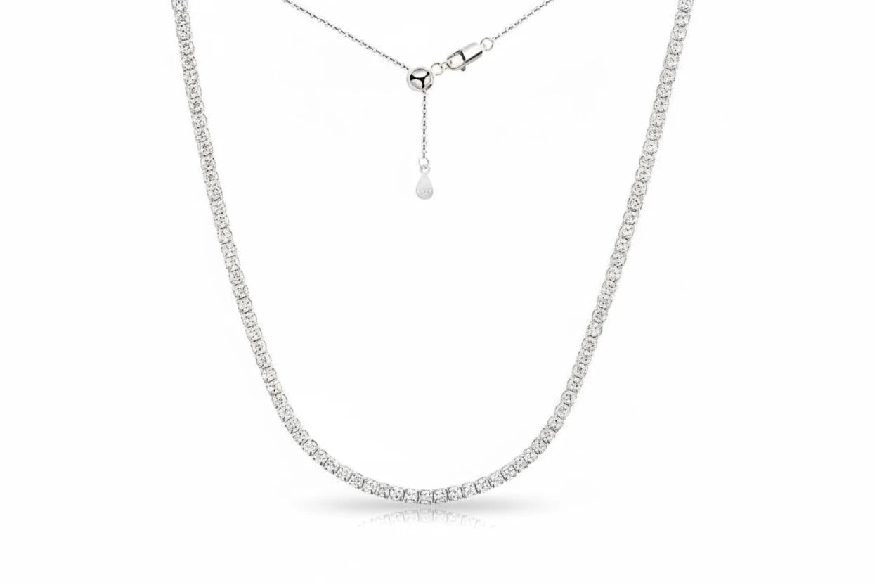 Moissanite tennis necklace by Zethech featuring sparkling, closely set gemstones on a delicate chain.