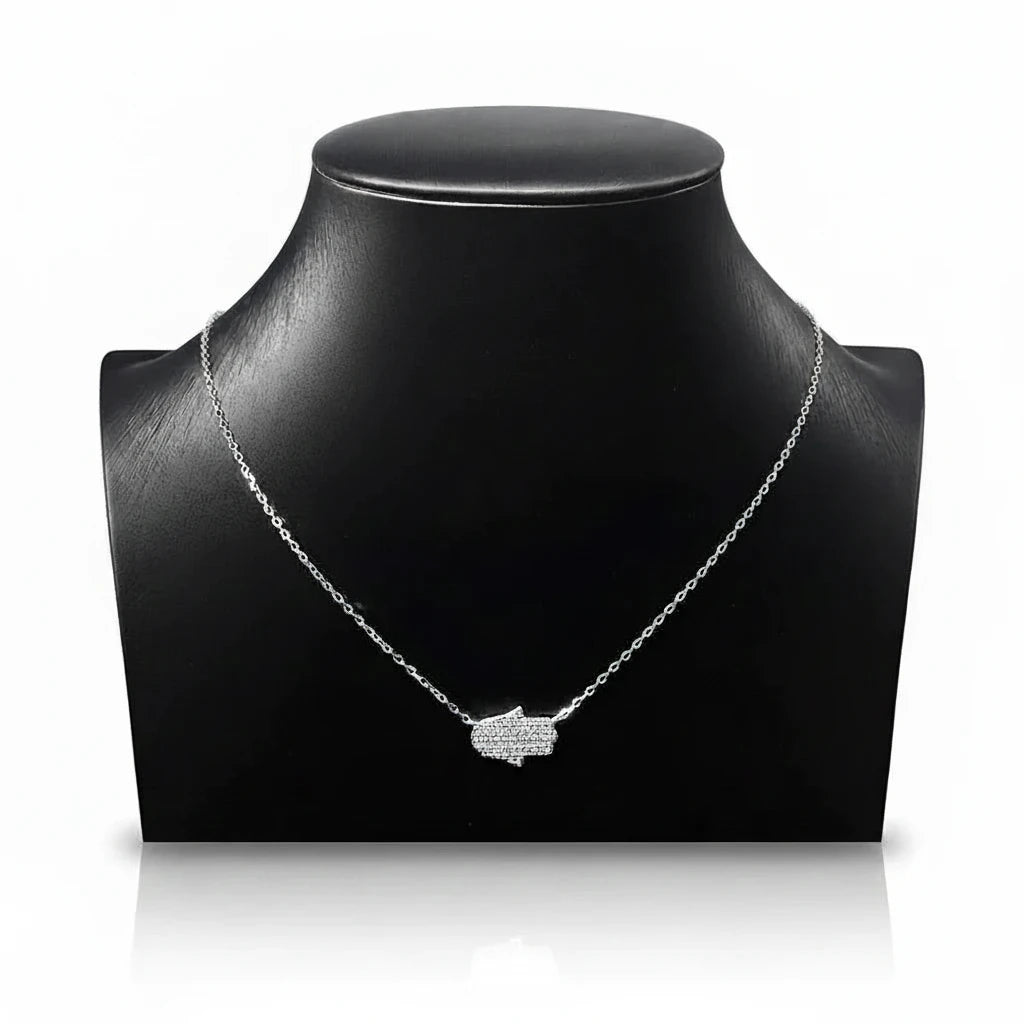 Zethech Moissanite Hamsa Necklace displayed on black bust