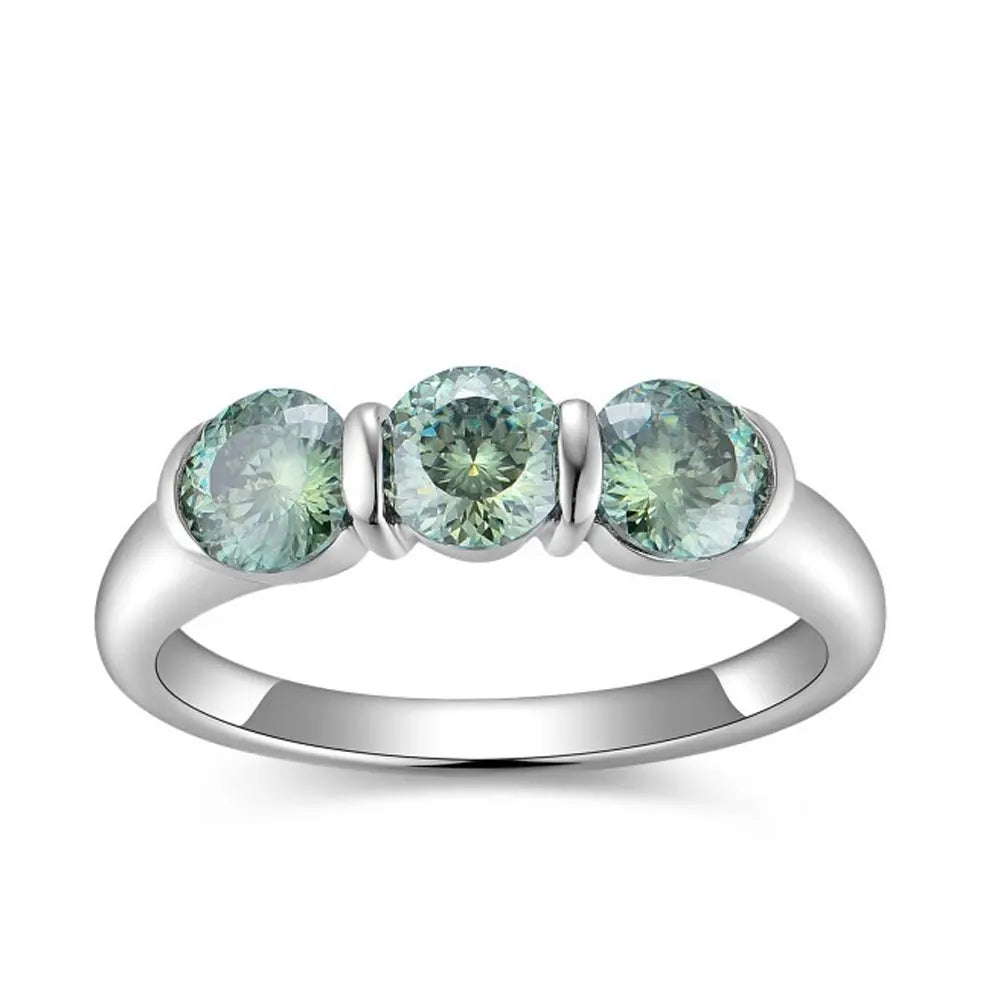 Zethech Halo Round Ring with three green stones on a white background
