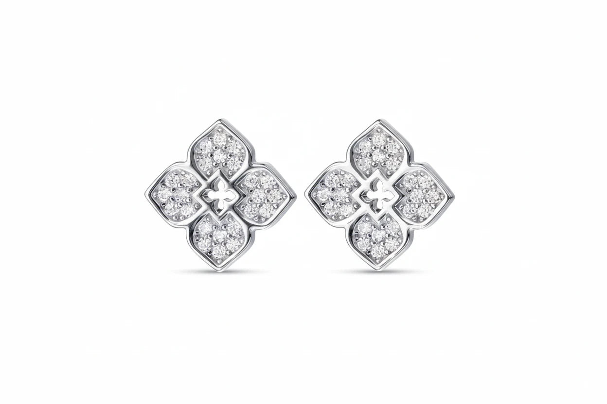 Zethech flower-shaped moissanite stud earrings with sparkling gemstones, elegant and suitable for everyday wear.