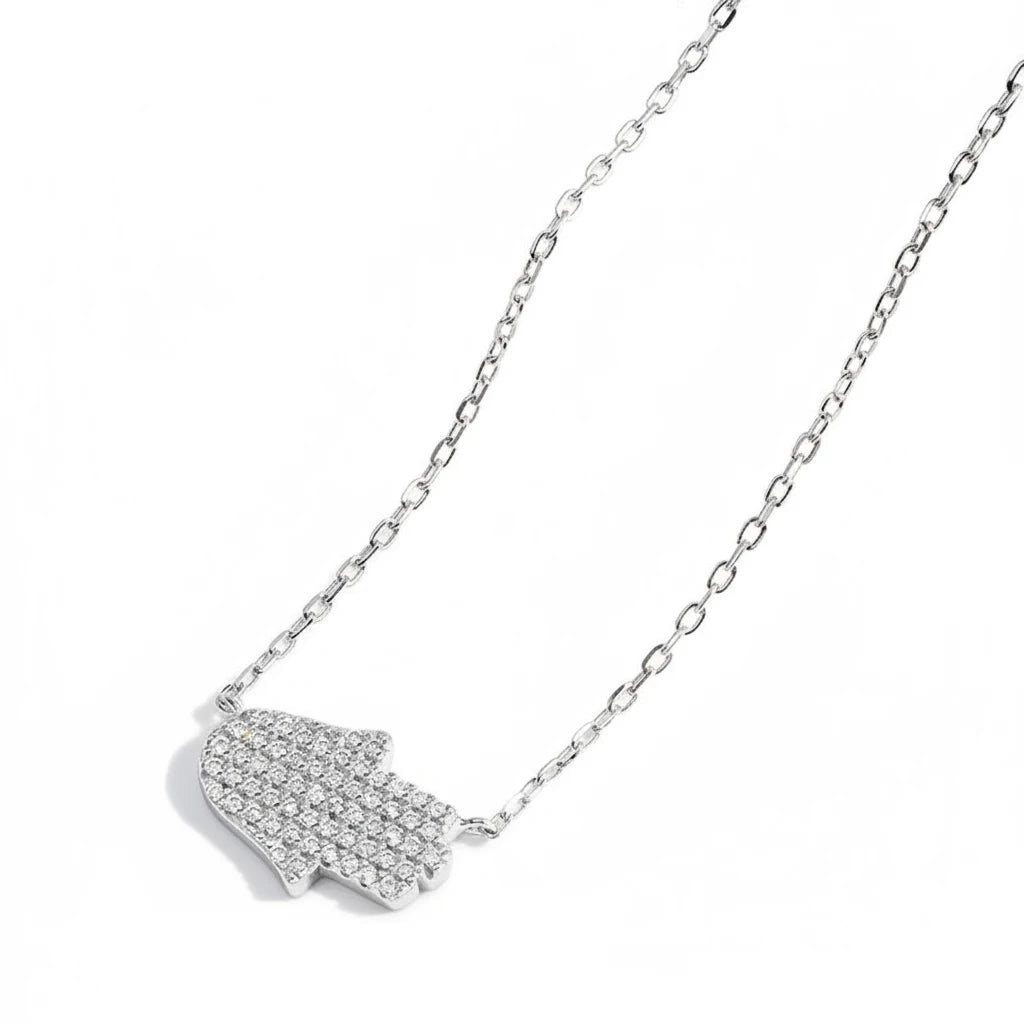 Zethech Hamsa Necklace in silver tone with hand pendant